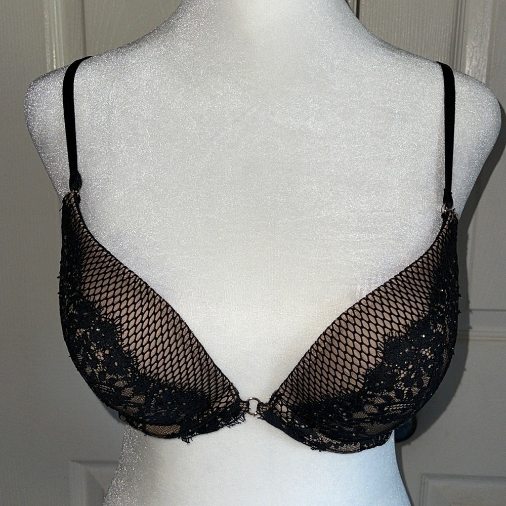 Victoria’s Secret Black Lace Over Nude Rhinestone Detail Very Sexy Push Up Bra